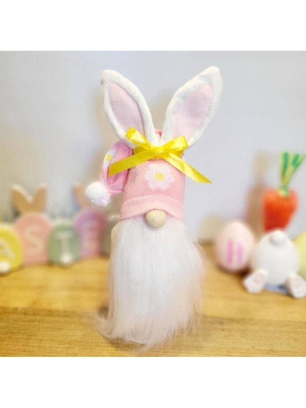 Pink Easter Bunny Gnome with Yellow Bow Decor 11 Inch